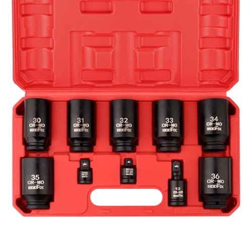 1/2" Impact Axle Nut Socket Set 10 Pieces, Drive Deep CR-MO 6 Point 30,31,32,33,34,35,36mm Metric Socket, with 3/8" - 1/2" Socket Adapter Set, Universal Joint Socket - size: 30-36mm, style: 1/2”Socket Set
