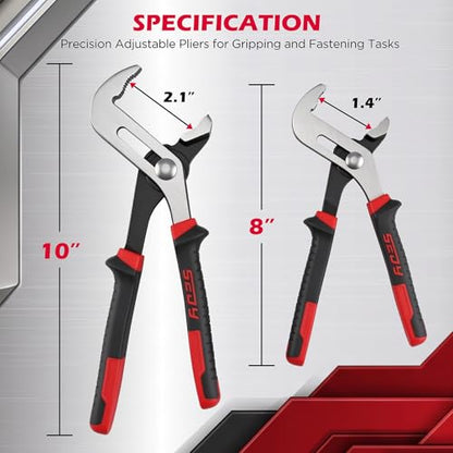 2-Piece Groove Joint Pliers Set, 10" & 8" Adjustable Water Pump Pliers, Straight Jaw Tongue and Groove Pliers with Non-Slip Handles for Plumbing, Pipe Fittings, Nuts, Bolts and Home Repair - color: 2pc - 8" & 10" Red & Black