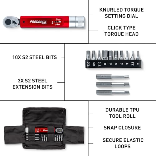 Feedback Sports | Range Click Torque Wrench Set | Adjustable Torque Ratchet Bit Driver [2-14Nm] | 13 S2 Steel Hex & Torx Bits | TPU Protective Carrying Case | Bicycle Tool Kit | Mini Torque Wrench