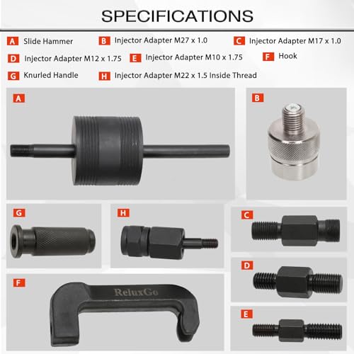 ReluxGo Engine Tools Diesel Injector Extractor Puller Kit Common Rail Tool Slide Hammer Puller Adaptors Fit for Mercedes Benz