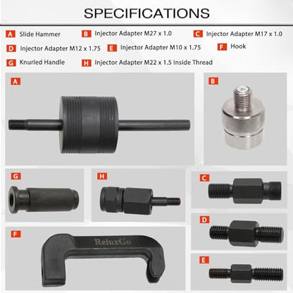 ReluxGo Engine Tools Diesel Injector Extractor Puller Kit Common Rail Tool Slide Hammer Puller Adaptors Fit for Mercedes Benz