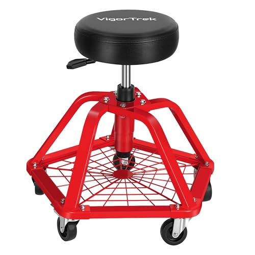 Rolling Shop Stool with Wheels and Adjustable Pneumatic Mechanic Stool, Heavy Duty Garage Stool & Shop Chair with Storage Tray, 300 lbs Capacity