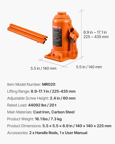 VEVOR Hydraulic Bottle Jack, 20 Ton/44092 LBS All Welded Bottle Jack, 7.5-14 inch Lifting Range, with 3-Section Long Handle, for Pickup Truck, Truck, Car, RV, Auto Repair, Industrial Engineering - style: 20T Hight Profile