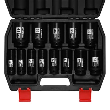 CASOMAN 1/2” Drive Deep Big Impact Socket Set, 13-Piece Large Spindle Axle Nut Impact Wrench Socket Set, 6 Point, CR-MO, Metric, 17mm - 41mm
