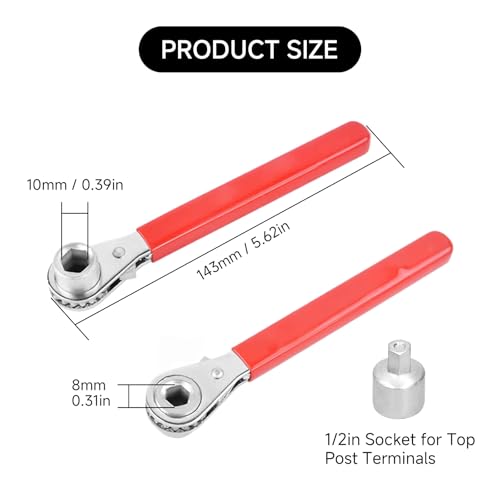 10mm Ratchet Wrench 2 in 1 10mm Battery Terminal Ratchet Wrench for 3/8in Top Post O.E. Terminal and 5/16in Side Bolt Post, Battery Wrench for Top Side Post, RV Sport Car Wrench