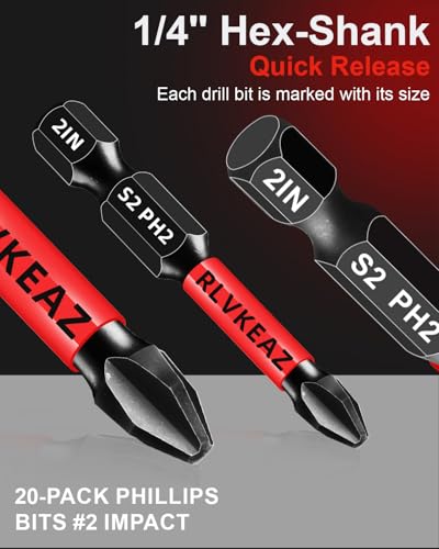 20-PCS Phillips Bits #2 Impact, Magnetic 2'' Phillips Head Drill & Screwdriver Bits Set, Premium S2 Steel, with 1/4" Hex-Shank for Power Drill, Professional & DIY Use - style: 20pcs phillips bits #2