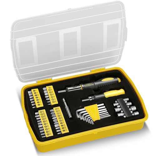 Auto Dynasty Tool Kit for Home 50Pcs, Home Repair Tool with Magnetic Screwdriver Socket and Ratchet Bit Driver Tool Set, All in One Plastic Storage Case for Garage, Warehouse, Auto Repair (Yellow) - color: Yellow, size: 51 Pcs
