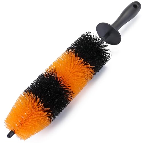 TAKAVU Wheel & Tire Brush, Long Soft Bristle, Easy Reach for Rims (Orange) | Detailing Scrub Brush Cleans Rims, Exhaust Tips & Motorcycles, Long Bristle for Deep Barrel & Wheel Well Reach - color: Orange & Black