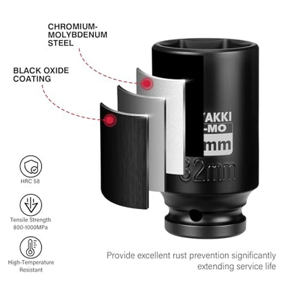 1/2" Drive 32mm Deep 6 Pt CR-MO Metric Impact Socket for Axle Nuts - size: 32mm, style: 1/2" Drive Deep