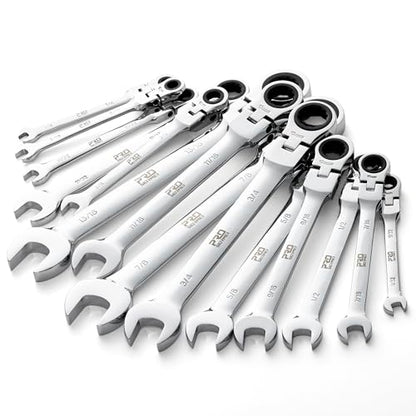 Prostormer Flex Head Ratcheting Wrench Set | SAE 1/4"-7/8",14-Piece Chrome Vanadium Steel Combination Wrench Set with Rack