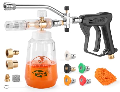 Dual Connector Foam Cannon for Pressure Washer, Pressure Washer Gun with Foam Cannon and 5 Power Washer Sprayer Nozzles Tips for Car Wash Kit Power Washer Gun Foam Soap Cannon for Car Snow Foam Lance - color: Gun+Foam Cannon+Dual Connector