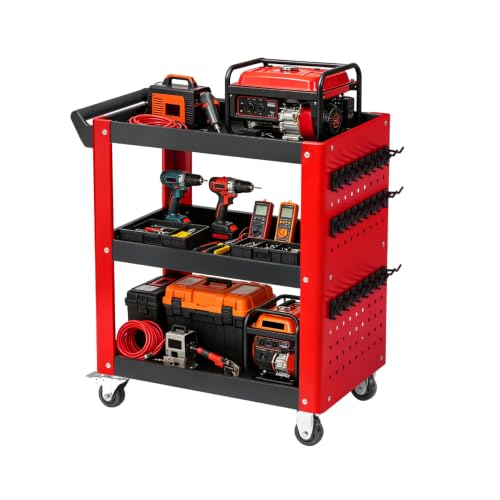 3 Tier Rolling Tool Cart on Wheels, 1000 LBS Metal Rolling Cart with Wheels | Utility Cart With Two Lockable Universal Wheels, Mechanic Cart for Mechanic, Warehouse, Garage, Workshop - color: 3-tier Red