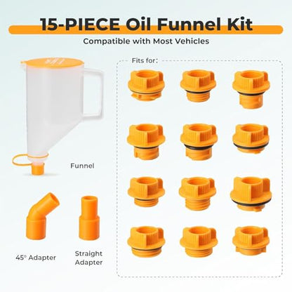 Cuifati Universal 1.5 Quart No Spill Engine Oil Funnel Kit with 14 Adapters, Wide Mouth Design Transparent Body for Multiple Vehicle, 15pcs Automotive Oil Funnel Set for Easy Fill