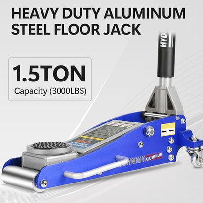 1.5T Low Profile Racing Jack, 3000 lb, Dual Pump, Aluminum and Steel, Blue | Lightweight aluminum/steel, dual-pump quick lift, 3.5"-14" range, side handle, safety overload. - size: 1.5T Aluminum & Steel Blue