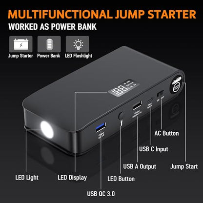 BOOKOO Car Battery Jump Starter 4000A,16000mAh Portable Battery Jumper Cables for Car 8L Gas 7L Diesel Engines,Jump Box with USB QC 3.0 PD 18W Fast Charging,3 LED Modes with SOS for Emergency Use - color: 16000mAh-Black