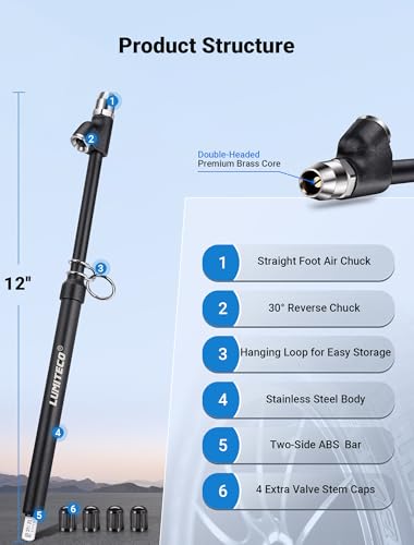 LUMITECO 12'' Dual Head Tire Pressure Gauge, Heavy Duty Truck Tire Gauge Range 10-150PSI 1-10Bar for Tire Pressure Checker, Straight-On Tire Air Gauge Extended Tube for Semi Truck, RV, Car, Motorcycle