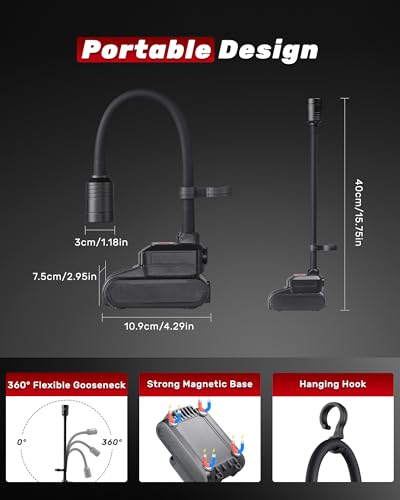 Magnetic Work Light, 4400mAh Rechargeable Flexible Gooseneck Work Light with Hanging Hook, 1000 Lumens 3 Modes LED Machine Light for Work Bench, Lathe, Sewing Machine, Grill, Black