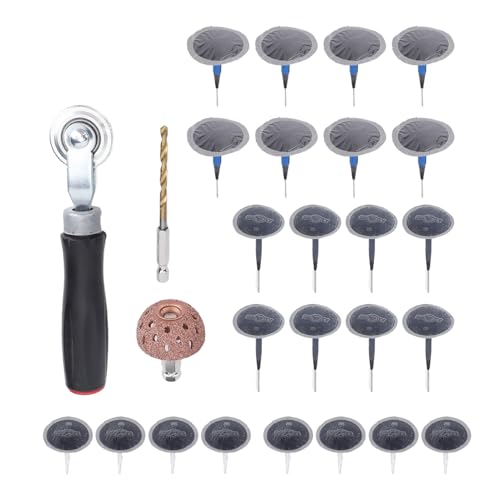 RiToEasysports Tire Repair Patch Tool Kit, ABS Metal Mushroom Plug Tire Patch Set with 4mm Drill Bit Roller Buffing Wheel, 27pcs for Cars Trucks Bikes Scooters