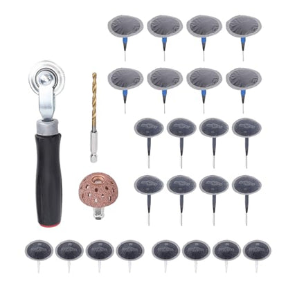 RiToEasysports Tire Repair Patch Tool Kit, ABS Metal Mushroom Plug Tire Patch Set with 4mm Drill Bit Roller Buffing Wheel, 27pcs for Cars Trucks Bikes Scooters