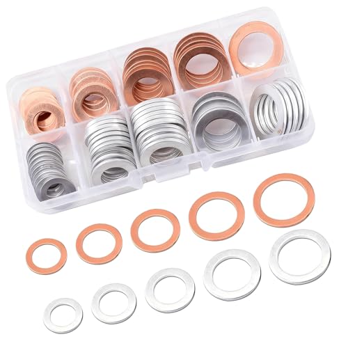 100 PCS Car Oil Drain Plug Crush Washer Kit, M10 M12 M14 M16 M18 Aluminum Copper Mixed Multi-Size Engine Oil Pan Sealing Gasket, Universal for Car SUV Truck (Silver & Gold)