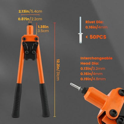 HONUTIGE Rivet Gun Kit, Professional Hand Riveter Heavy Duty Metal Rivet Gun Tool Manual Rivet Tool One-Handed Rivet Gun with 50 Rivets for DIY/Automotive Repairs/Furniture