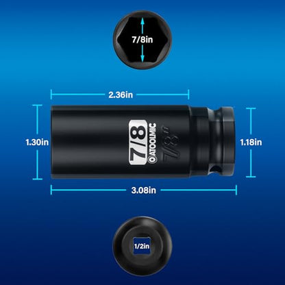 1/2" Drive x 7/8 Inch Deep 6PT CR-MO Impact Socket for Removing Axle nut | SAE Socket,6-Point Radius Corner Design,Two Size Markings,Square Chamfered Opening,For Removal of Axle Nut - size: 7/8 Inch, style: 1/2" Drive Deep Socket