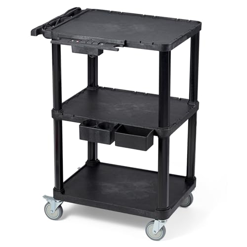 ELAFROS 3-Tier Heavy Duty AV Cart with Power Strip, 27.5 x 18.25 in | 330 lbs Capacity, Flat Top Shelves, Industrial Rolling Cart, Swivel Wheels, AV Equipment Stand, Work Cart, Organizer - style: With Power Strip
