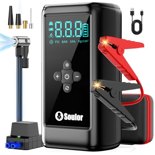 Jump Starter with Air Compressor car Jumper Starter Portable | 7000A Car Battery Jump Starter with 160PSI Portable Tire Inflator, LED Light, Case (All Gas/14L Diesel) - color: 7000A with Storage Case
