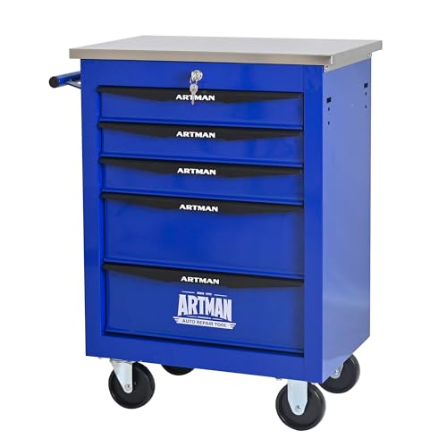 5 Drawers Tool Cart on Wheels with Stainless Steel Worktop, Heavy Duty Mobile Rolling Drawer Tool Chest with Locking Wheels & Lockable Drawers, Garage Tool Storage Cabinet (Blue, 5 Drawers) - color: Blue, size: 5 Drawers 22.2"Wx13.6"Dx30.7"H