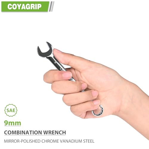 9mm Combination Wrench, Industrial Grade Metric Combination Spanner, CR-V with Mirror Polish, 12-Point Box End, 15-Degree Offset Box End - size: 9mm