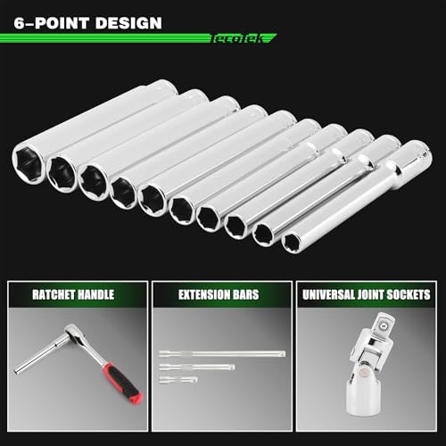 TecoTek 10PCS 3/8-Inch Drive Extra Deep Metric Socket Set, 6 Point, 8mm to 17mm, No Skipped Sizes, 120MM Deep CR-V Socket for Automotive and Industrial Applications