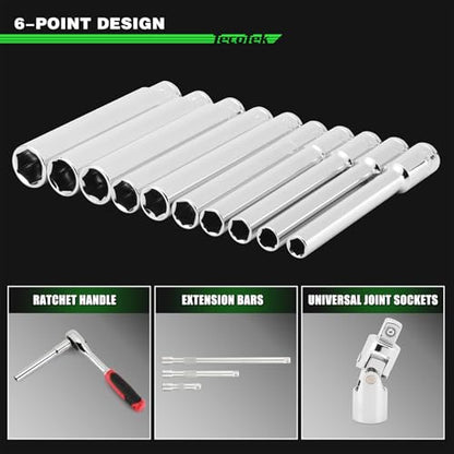 TecoTek 10PCS 3/8-Inch Drive Extra Deep Metric Socket Set, 6 Point, 8mm to 17mm, No Skipped Sizes, 120MM Deep CR-V Socket for Automotive and Industrial Applications
