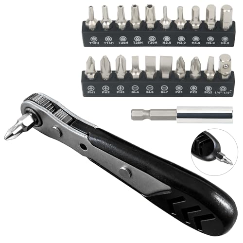 STREBITO Mini Ratchet Set, 22-Piece 1/4 Ratchet Right Angle Screwdriver | 36-Tooth Small Ratcheting Wrench Bit Ratchet For Tight Spaces, with Phillips, Torx, Hex, Square and Adapter for Socket - color: 22 in 1