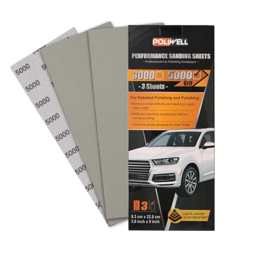 POLIWELL Auto Performance Sandpaper 3 Pack, 3.6 in x 9 in 5000 Grit Clear Coat Polish Sandpaper, Fine Grade Abrasive Sanding Sheet for Wet Polishing Car Detail Scratches, Refined Finishes - style: 5000Girt