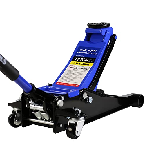 3T Low Profile Steel Floor Jack, 6600 lb, Dual Pump, 3.3"-18.5" Lift, Blue | Heavy-duty steel, dual-piston quick lift, low profile, 3.3"-18.5" range, overload safety protection. - size: 3T Dual Pump 3.3"-18.5"