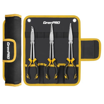 GRENPRO 3PC Needle Nose Pliers, Suitable for Use in Confined Spaces | Includes Straight Long Reach Pliers, CR-V Steel Needle Nose Plier, 45/90 Degree Bent Nose Pliers