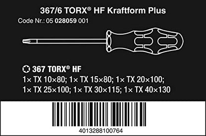 Wera 05028059001 Kraftform Plus 367/6 HF Torx HF Screwdriver Set and Rack, Lasertip, With Holding Function, 6-Piece,MULTI,TX8x60mm, TX10x80mm, TX15x80mm, TX20x100mm, TX25x100mm, TX27x115mm, TX30x115mm - size: TX8x60mm, TX10x80mm, TX15x80mm, TX20x100mm, TX