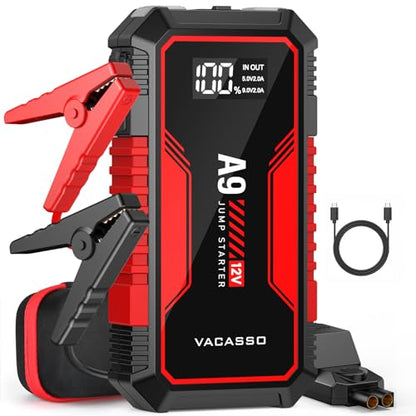 Jump Starter 4000A, VACASSO A9 Battery Jumper Starter Portable (7L Gas/4L Diesel), 12V Car Battery Booster Jump Starters Pack, Jumpstart with USB Ports, Jumper Cables, LED Light, Storage Case - color: Red