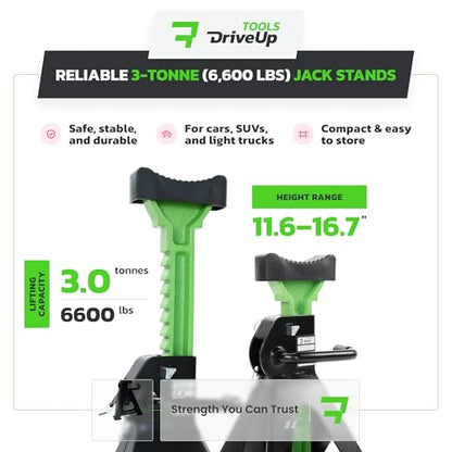 Jack Stands 3 Ton (6,600 lb) Heavy Duty Steel, Double Locking, Set of 2, Adjustable Height 11.03-16.7 Inch, Green Car Jack Stands for Cars SUV Trucks Vans - size: 3 Ton