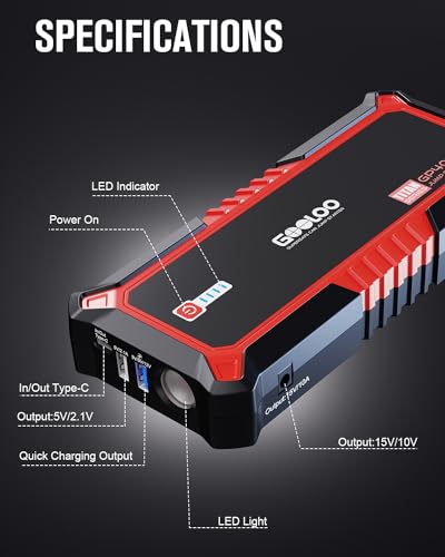 GOOLOO GP4000 4000A Peak Car Battery Jump Starter, Portable Battery Booster for Up to All Gas or 10L Diesel Engine, SuperSafe 12V Lithium Jump Box Power Pack with Jumper Cable,Red - color: red