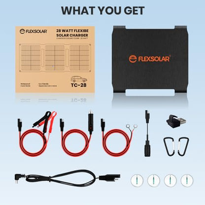 FlexSolar 28W Foldable Solar Panel Trickle Charger Maintainer Kits - 12V DC & QC3.0 USB Output with Built-in Controller, Includes Cigarette Lighter, Alligator Clips, O-Rings，OBDII Connector - size: TC-28W