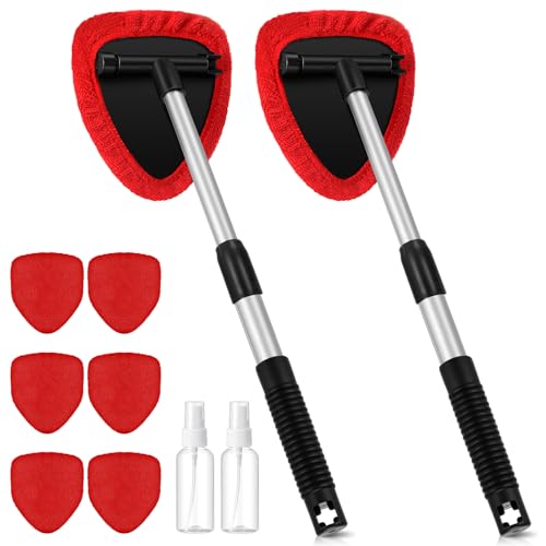 Baderke 10 Pcs Windshield Cleaner Tool Car Window Cleaning Supplies with Extendable Handle Include 6 Washable Microfiber Bonnets 2 Empty 60ml Spray Bottle Glass Wiper Kit(Red) - color: Red
