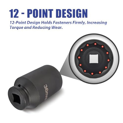 1/2" Drive 12-Point Cr-Mo Deep Axle Nut Impact Socket Set, 5PC | Heavy-Duty Cr-Mo Steel, Fits 30-36mm (5PC), 12-Point Anti-Round-Off Design, Clear Laser Markings, Carrying Case Included - color: 5pcs