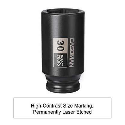 CASOMAN 1/2" Drive x 30 mm Deep 6 PT Impact Socket, CR-MO, 1/2-inch Drive 6 Point Axle Nut Socket for Easy Removal of Axle Shaft Nuts (30MM) - size: 30 mm (Deep), style: 6-Point Socket