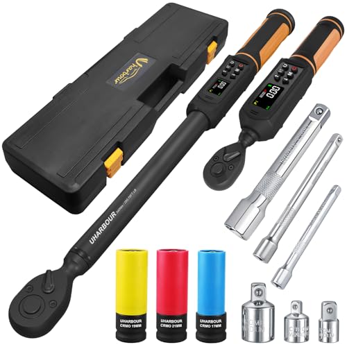 Uharbour Digital Torque Wrench Set, 1/2"&3/8" Torque Wrench Digital with Dual Direction Ratchet, 3.8-250.8 Ft.lb & 0.66-44.29Ft.lbs Range, ±1% Accuracy with Vibration, Buzzer and LED Alert