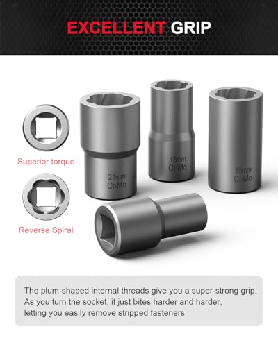 Kolvoii 16-Piece 1/2" Drive Bolt Extractor Kit & Nut Extractor Socket Set | Lug nut removal tool with deep extractor sockets; reverse spiral flutes grip damaged bolts and rounded nuts - size: 16 PCS
