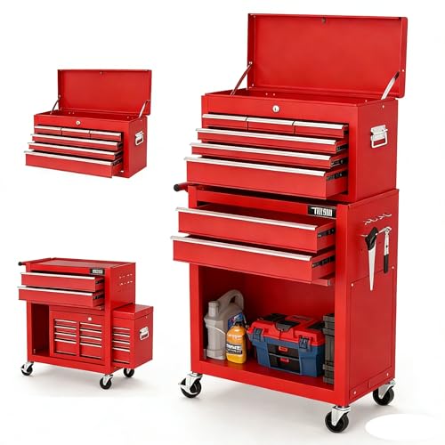 TUFFIOM 8-Drawer Rolling Tool Chest, Wheeled Tool Storage Cabinet w/Detachable Top, Drawers & Side Hooks, Mechanic Tool Organizer Box for Garage Warehouse Repair Shop - color: Red, size: 8-Drawer