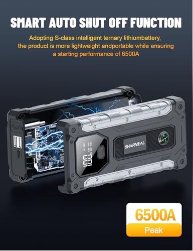 Sharmeal Car Jump Starter 6500A, Jump Starter Battery Pack for All Gas and 10.0L Diesel, 12V Portable Jump Box with LED Light - color: 6500A+Charging Cable+Charger Block