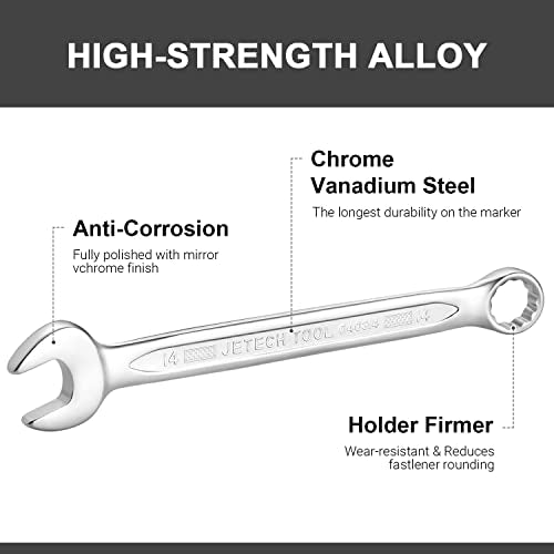 Jetech 14mm Combination Wrench - Industrial Grade, Chrome Vanadium Steel, Sand Blasted Finish, Precision Machined 12-Point Opening, Off-Corners Design, 15-Degree Offset - size: 14mm