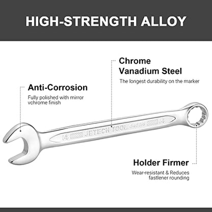 Jetech 14mm Combination Wrench - Industrial Grade, Chrome Vanadium Steel, Sand Blasted Finish, Precision Machined 12-Point Opening, Off-Corners Design, 15-Degree Offset - size: 14mm